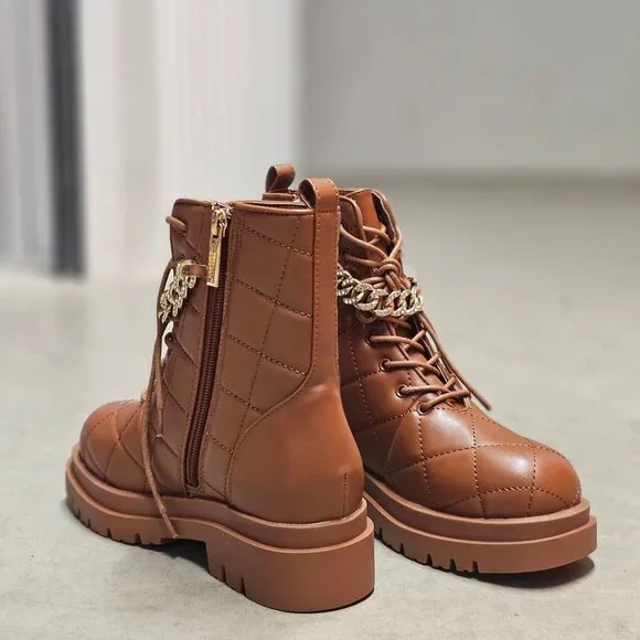 Quilted Faux Leather Lace-Up Combat Boots With Gold Chain Accent - Brown - Picture 4 of 11